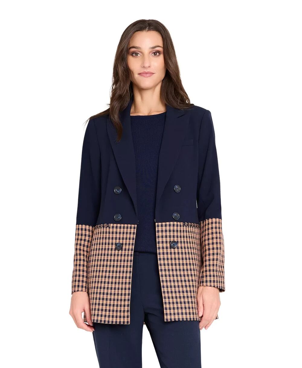 Tahari ASL Houndstooth Color Block Jacket Navy/Ginger Size 10 3892